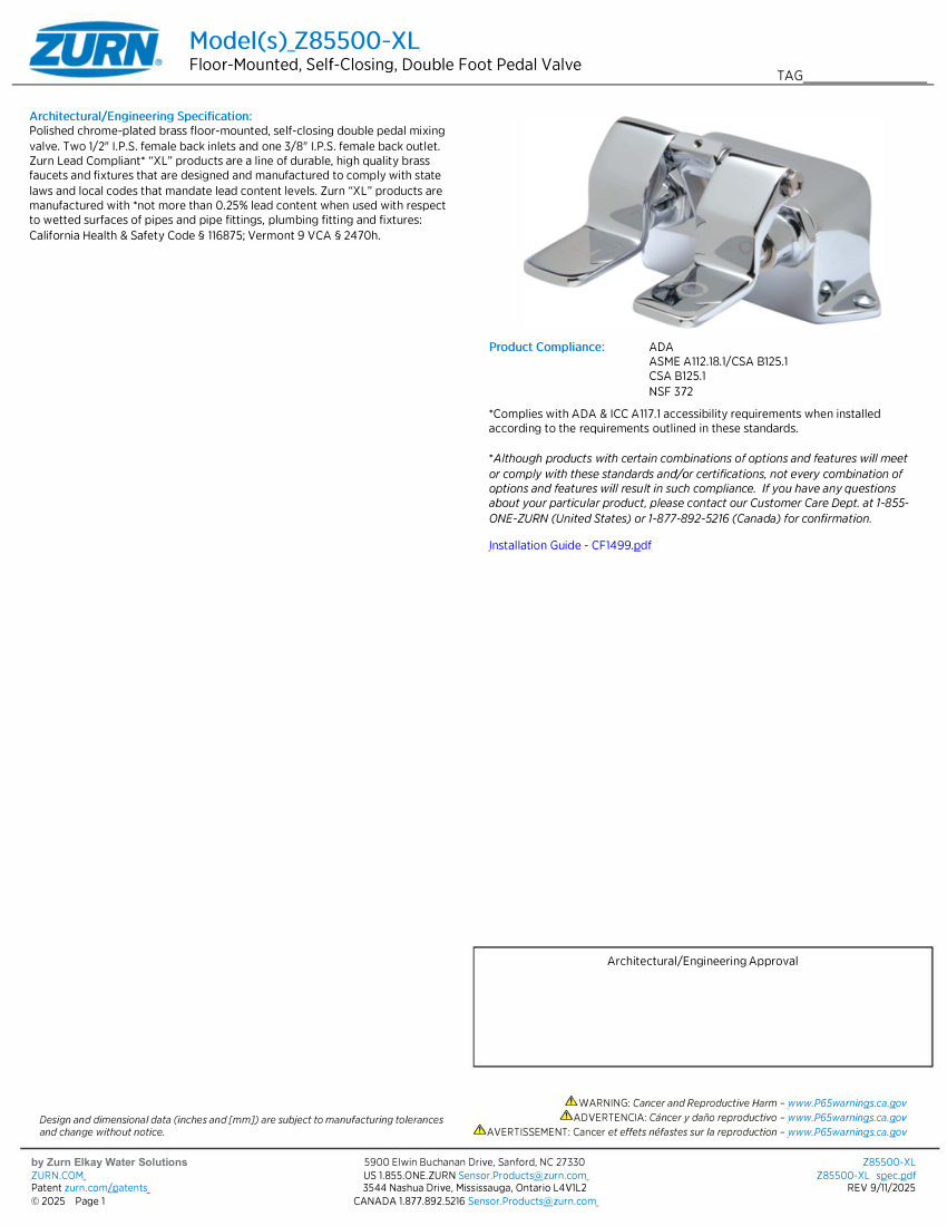 Zurn Z85500-XL cut sheet — first page