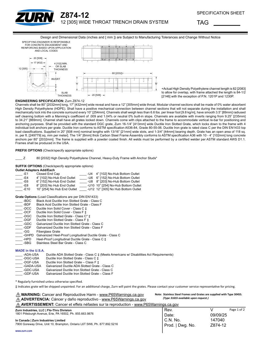 Zurn Z874-12 cut sheet — first page