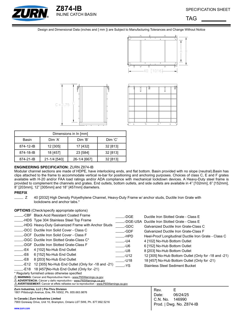Zurn Z874-IB cut sheet — first page
