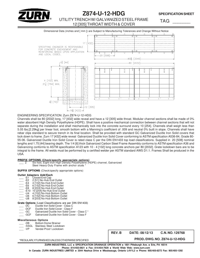 Zurn Z874-U-12-HDG cut sheet — first page