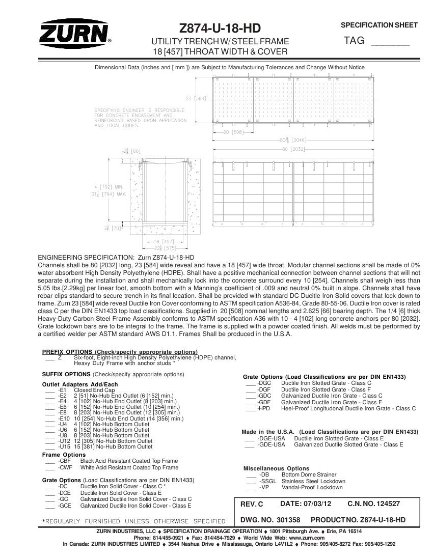 Zurn Z874-U-18-HD cut sheet — first page