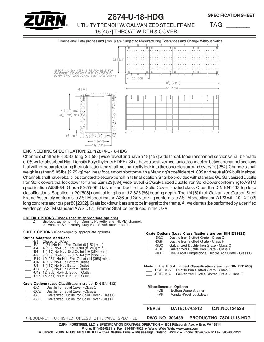 Zurn Z874-U-18-HDG cut sheet — first page
