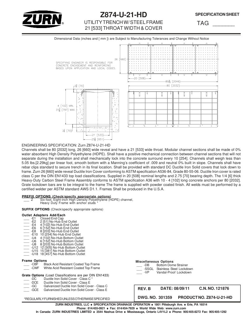 Zurn Z874-U-21-HD cut sheet — first page