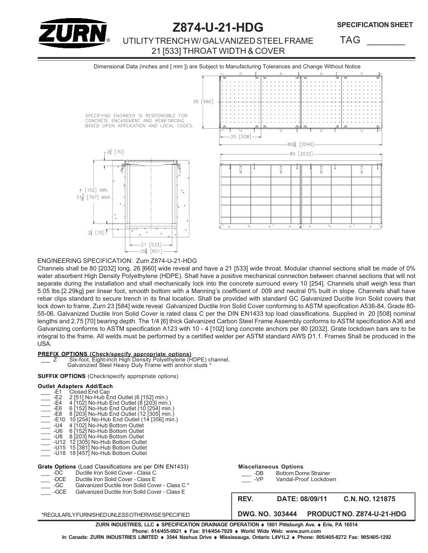 Zurn Z874-U-21-HDG cut sheet — first page