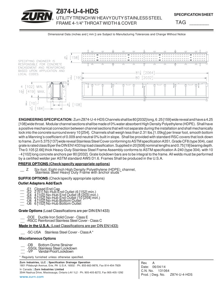 Zurn Z874-U-4-HDS cut sheet — first page
