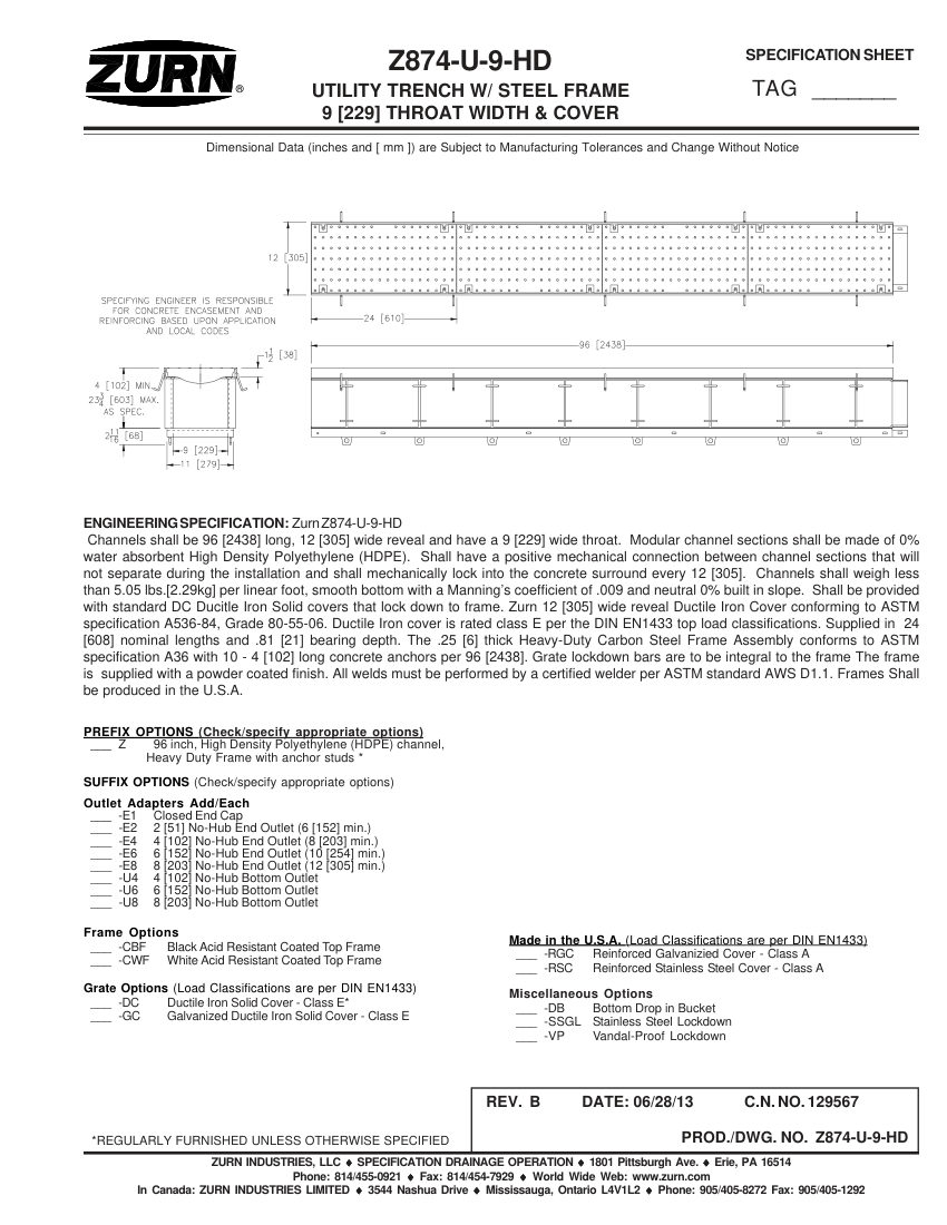 Zurn Z874-U-9-HD cut sheet — first page