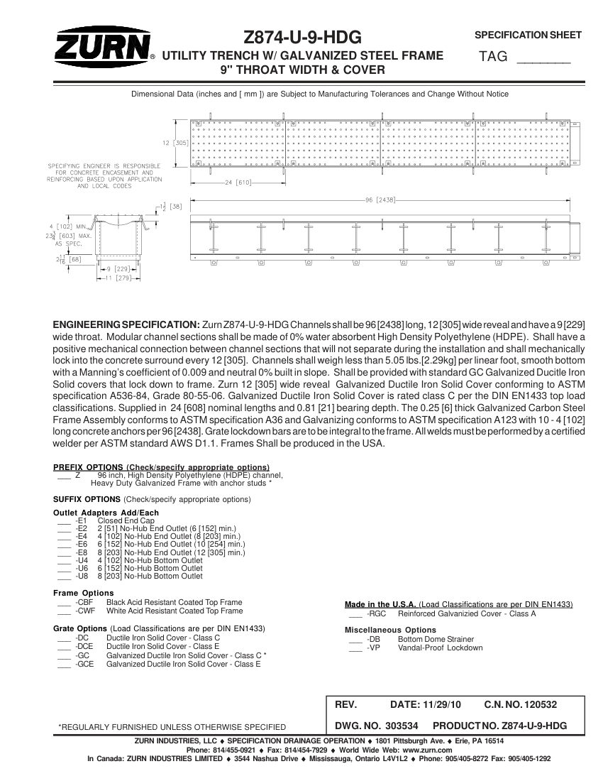 Zurn Z874-U-9-HDG cut sheet — first page
