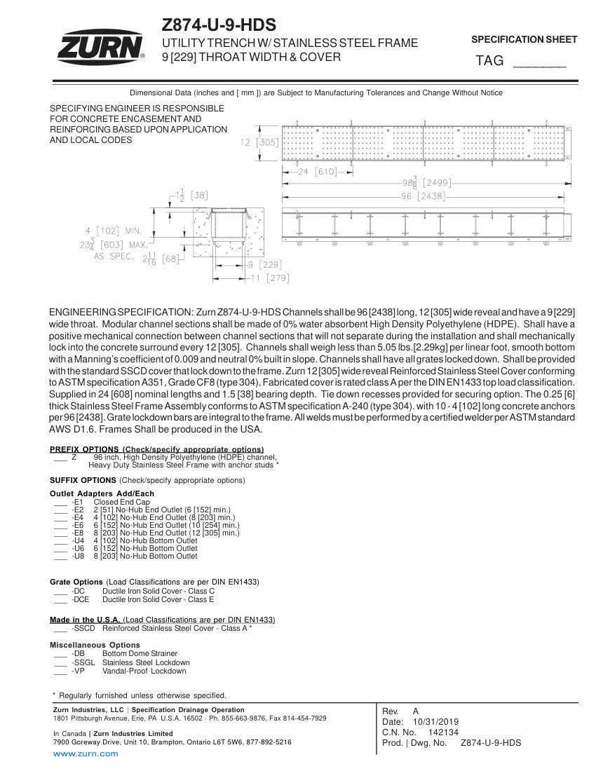 Zurn Z874-U-9-HDS cut sheet — first page