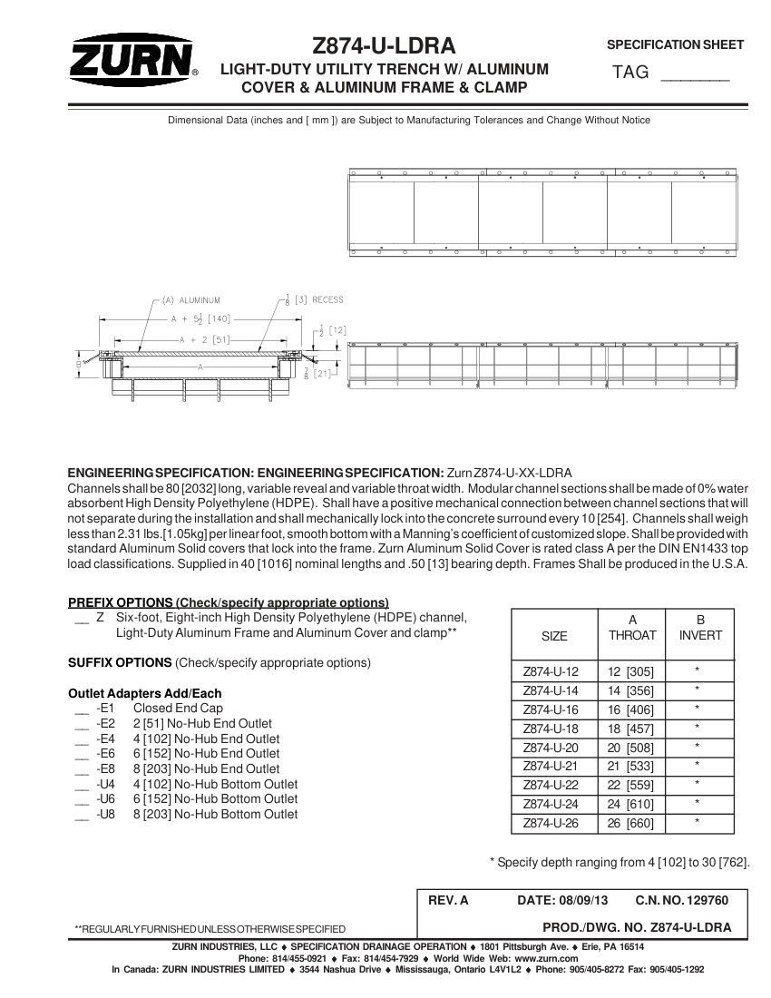 Zurn Z874-U-LDRA cut sheet — first page