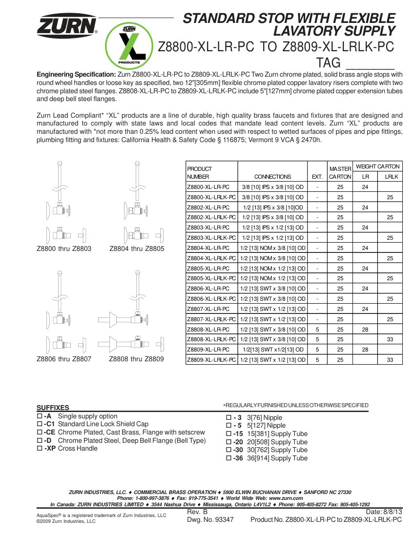 Zurn Z8800-XL-LR-PC-TO-Z8809-XL-LRLK-PC cut sheet — first page