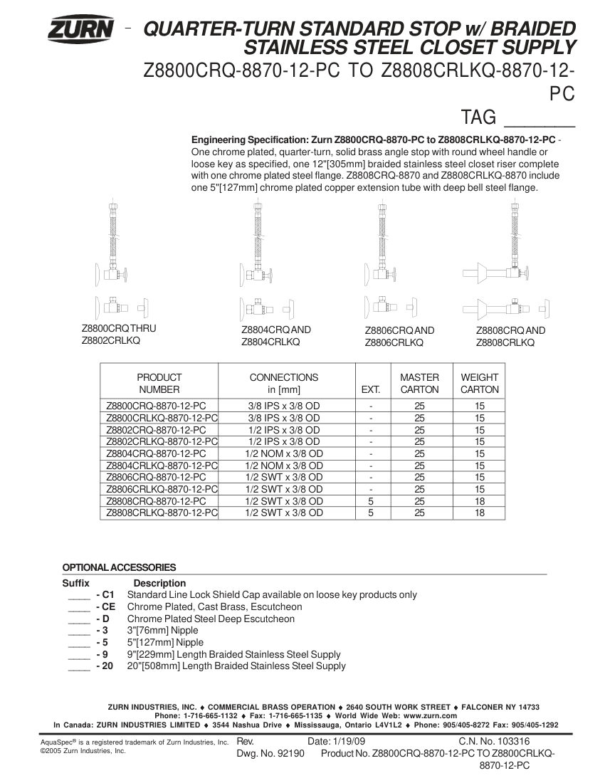 Zurn Z8800CRQ-8870-Z8808CRLKQ-8870 cut sheet — first page