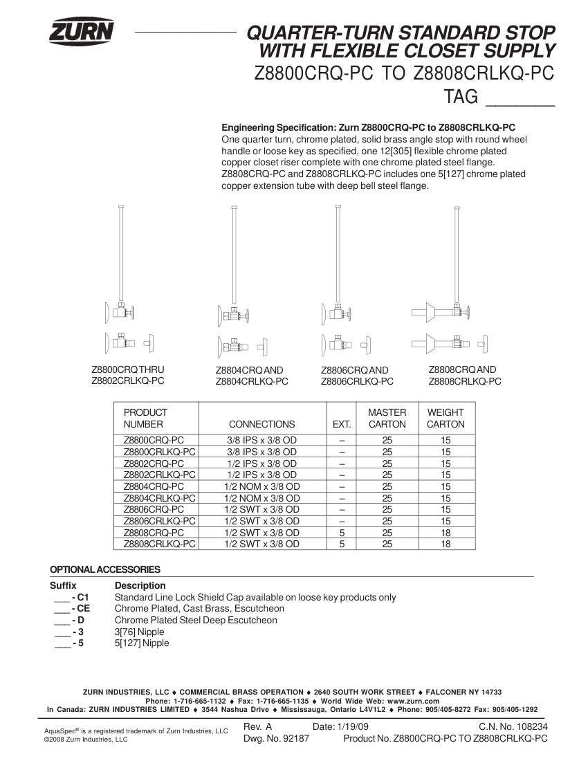 Zurn Z8800CRQ-PC-Z8808CRLKQ-PC cut sheet — first page