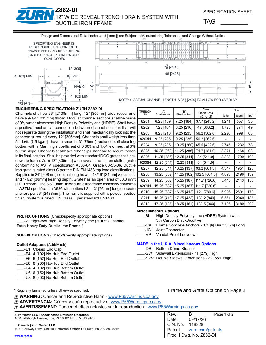 Zurn Z882-DI cut sheet — first page