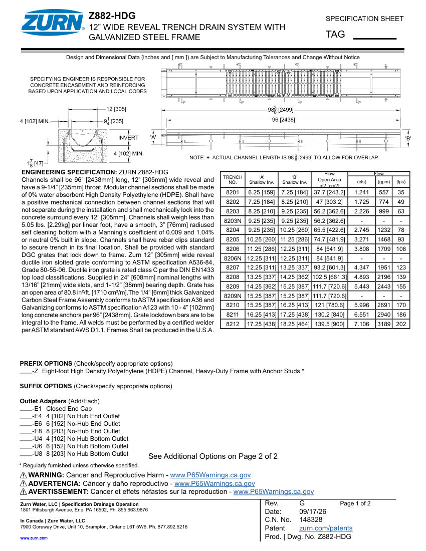 Zurn Z882-HDG cut sheet — first page