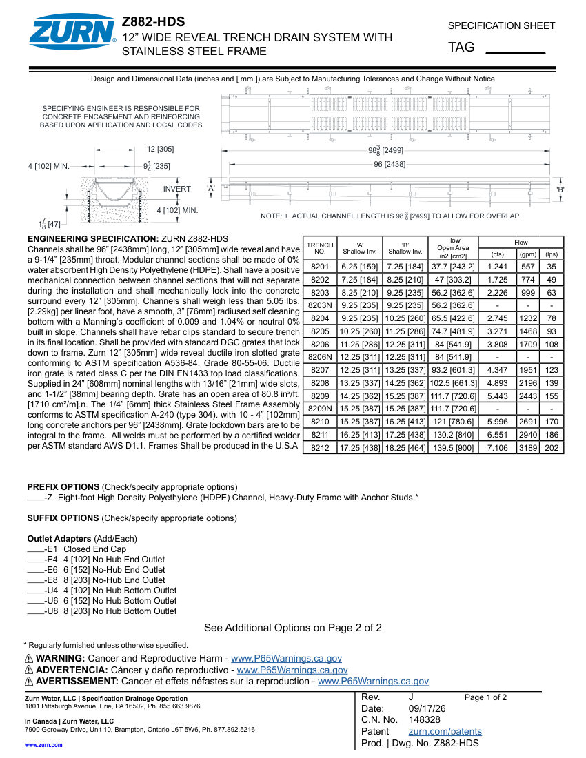 Zurn Z882-HDS cut sheet — first page