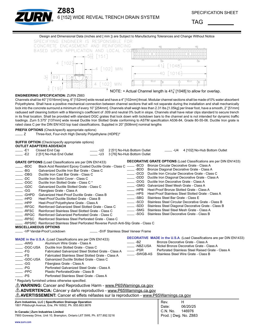 Zurn Z883 cut sheet — first page