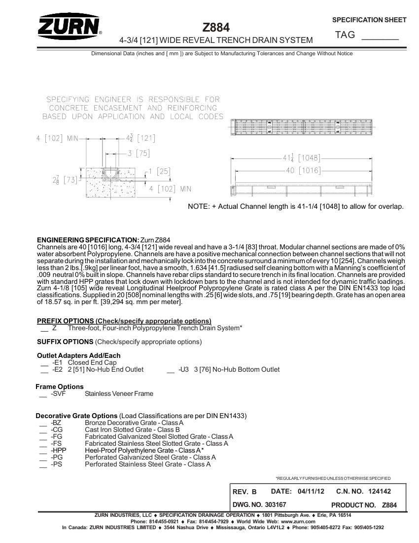 Zurn Z884 cut sheet — first page
