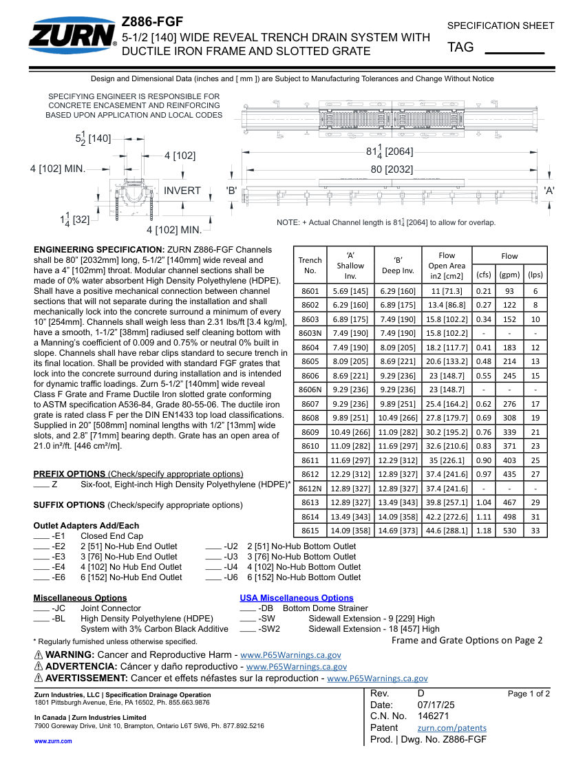 Zurn Z886-FGF cut sheet — first page