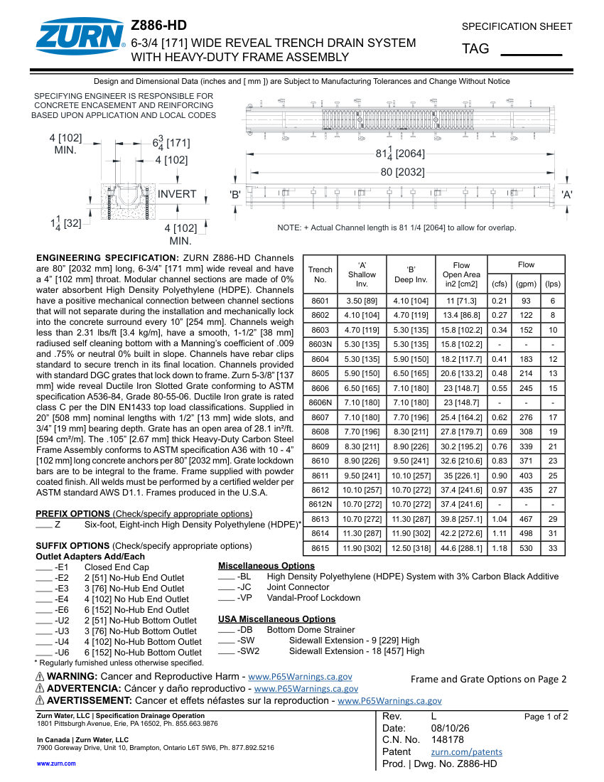 Zurn Z886-HD cut sheet — first page