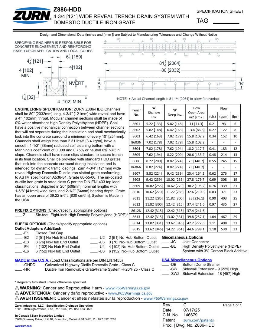 Zurn Z886-HDD cut sheet — first page