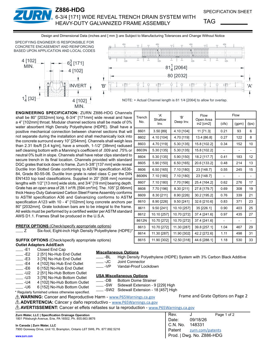 Zurn Z886-HDG cut sheet — first page