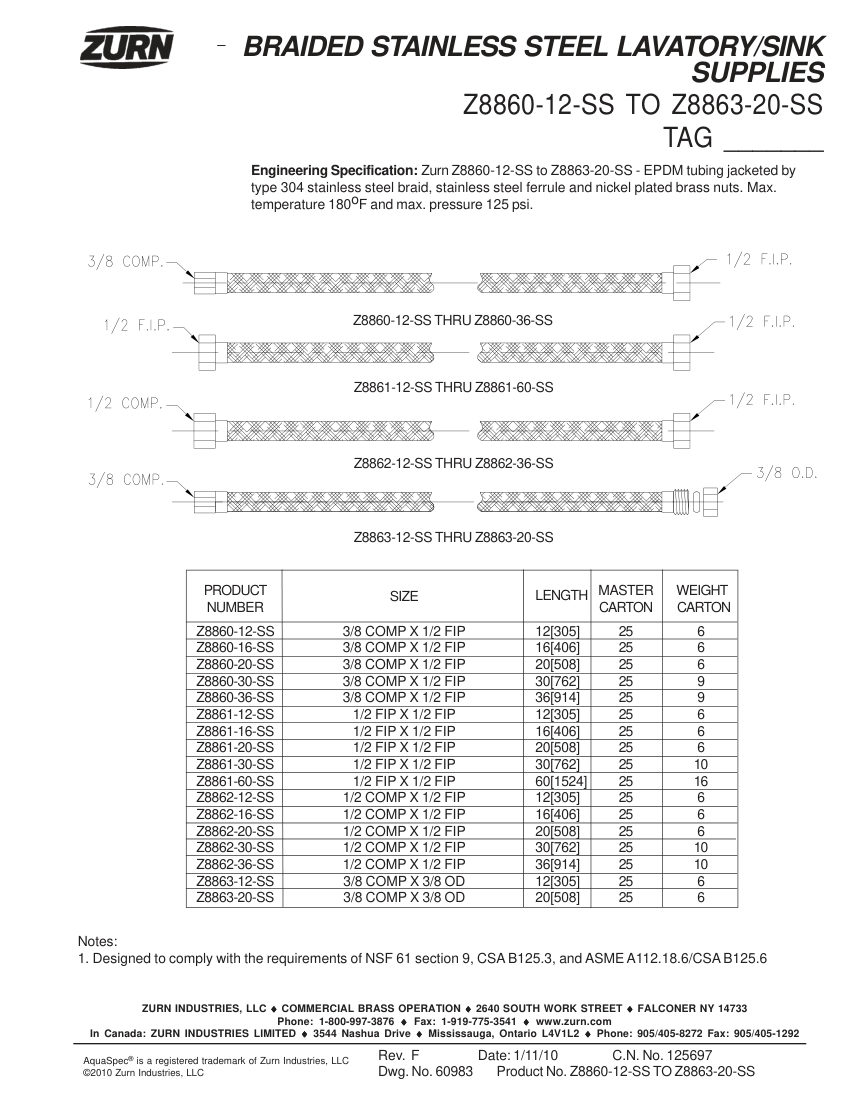 Zurn Z8860-12-SS-TO-Z8863-20-SS cut sheet — first page
