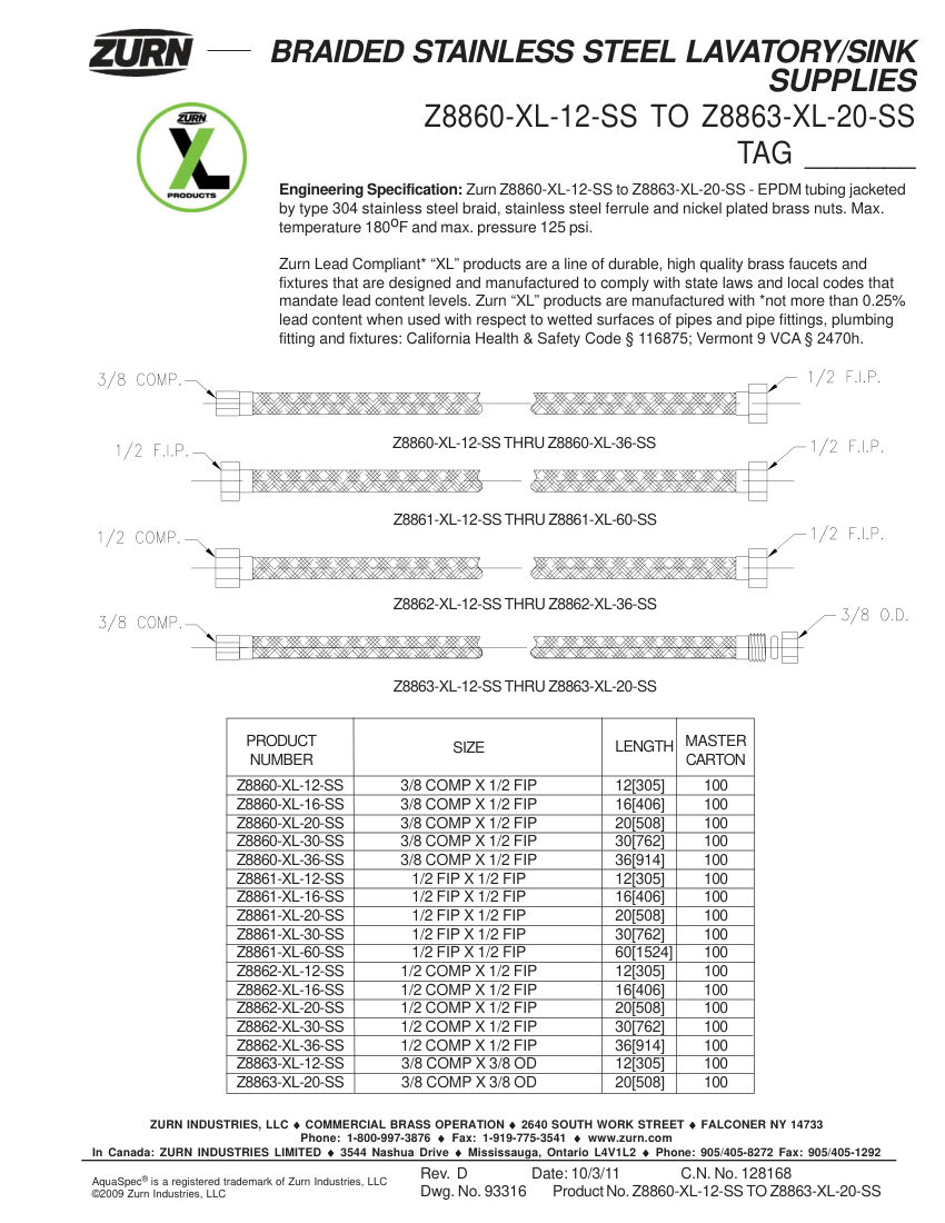 Zurn Z8860-XL-12-SS-TO-Z8863-XL-20-SS cut sheet — first page