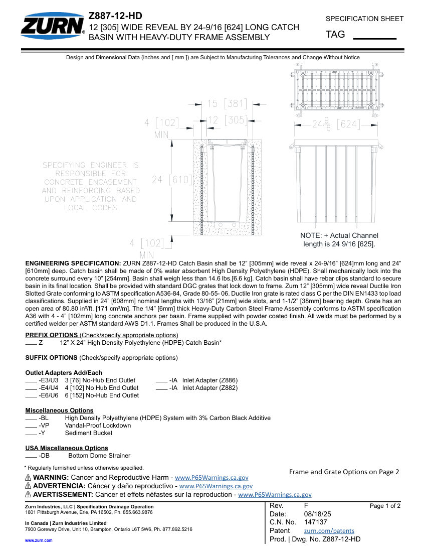 Zurn Z887-12-HD cut sheet — first page