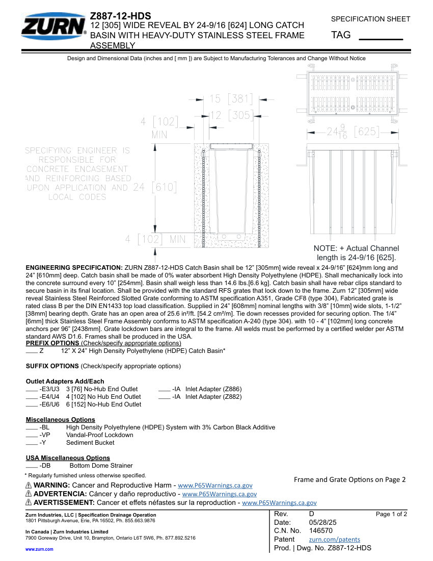 Zurn Z887-12-HDS cut sheet — first page