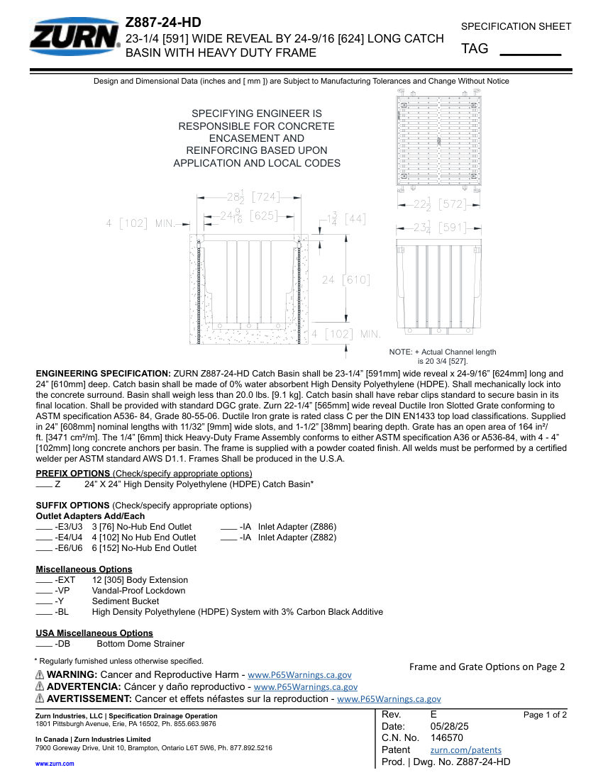 Zurn Z887-24-HD cut sheet — first page