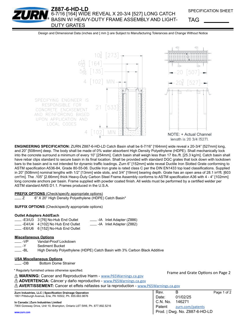 Zurn Z887-6-HD-LD cut sheet — first page