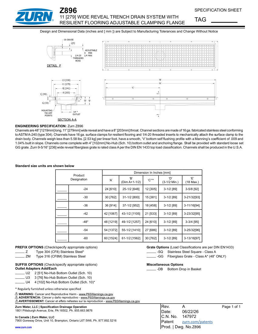 Zurn Z896 cut sheet — first page
