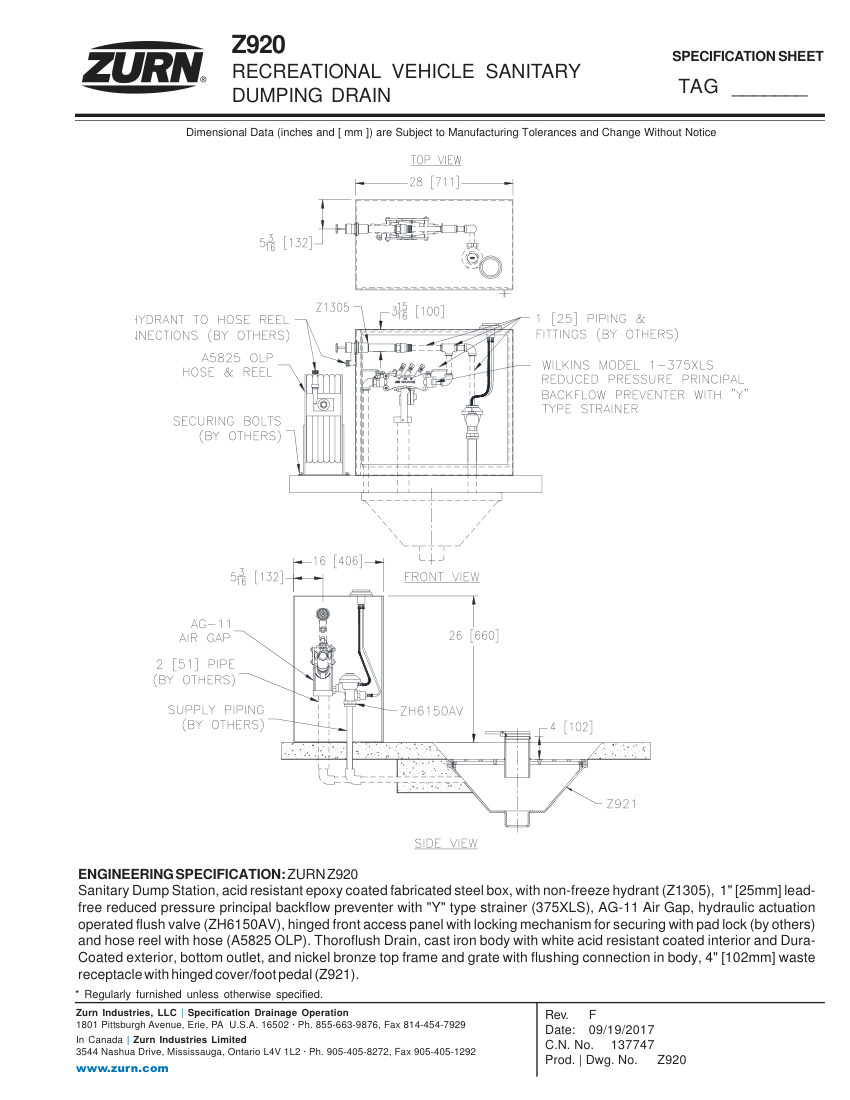 Zurn Z920 cut sheet — first page