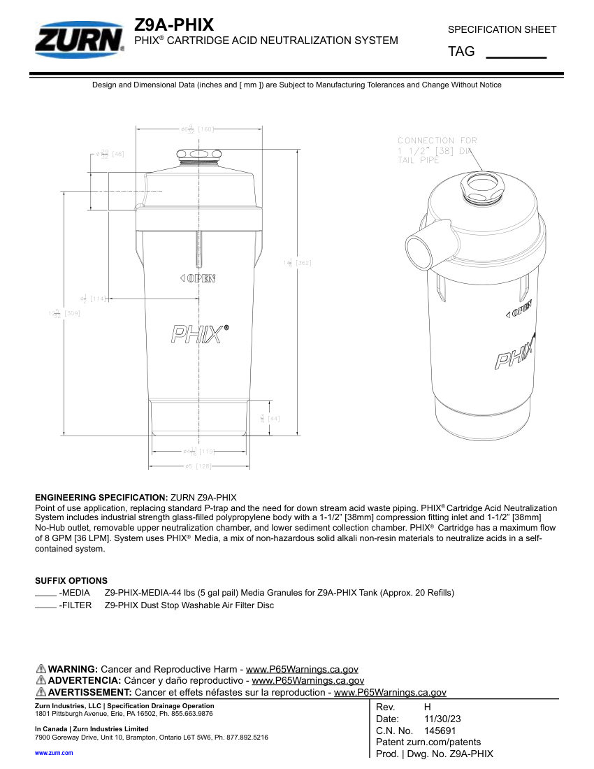Zurn Z9A-PHIX cut sheet — first page