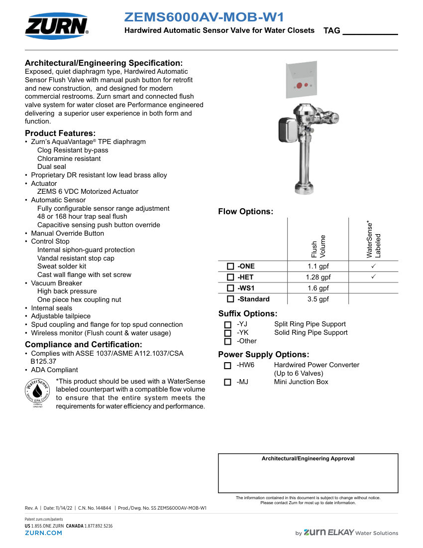 Zurn ZEMS6000AV-MOB-W1 cut sheet — first page