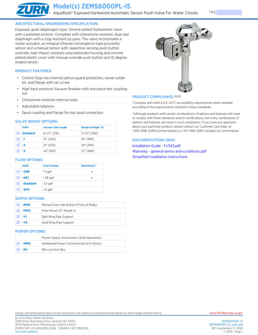 Zurn ZEMS6000PL-IS cut sheet — first page