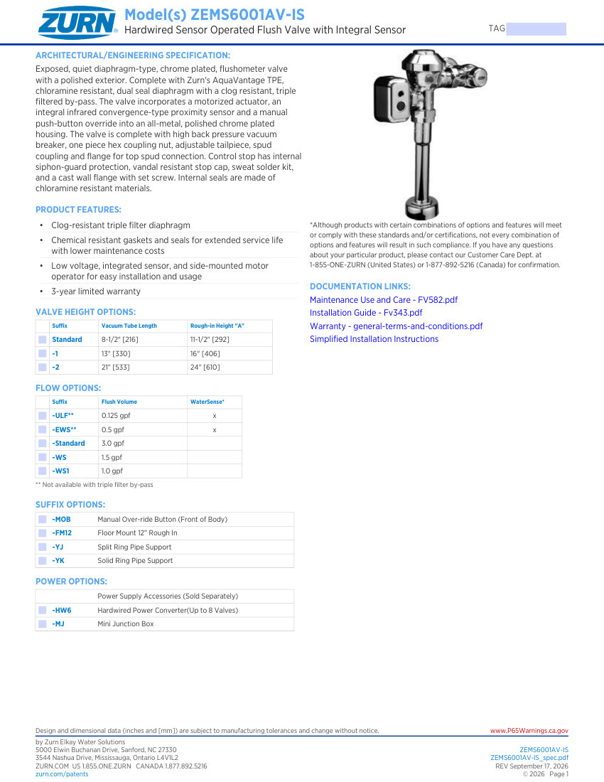 Zurn ZEMS6001AV-IS cut sheet — first page