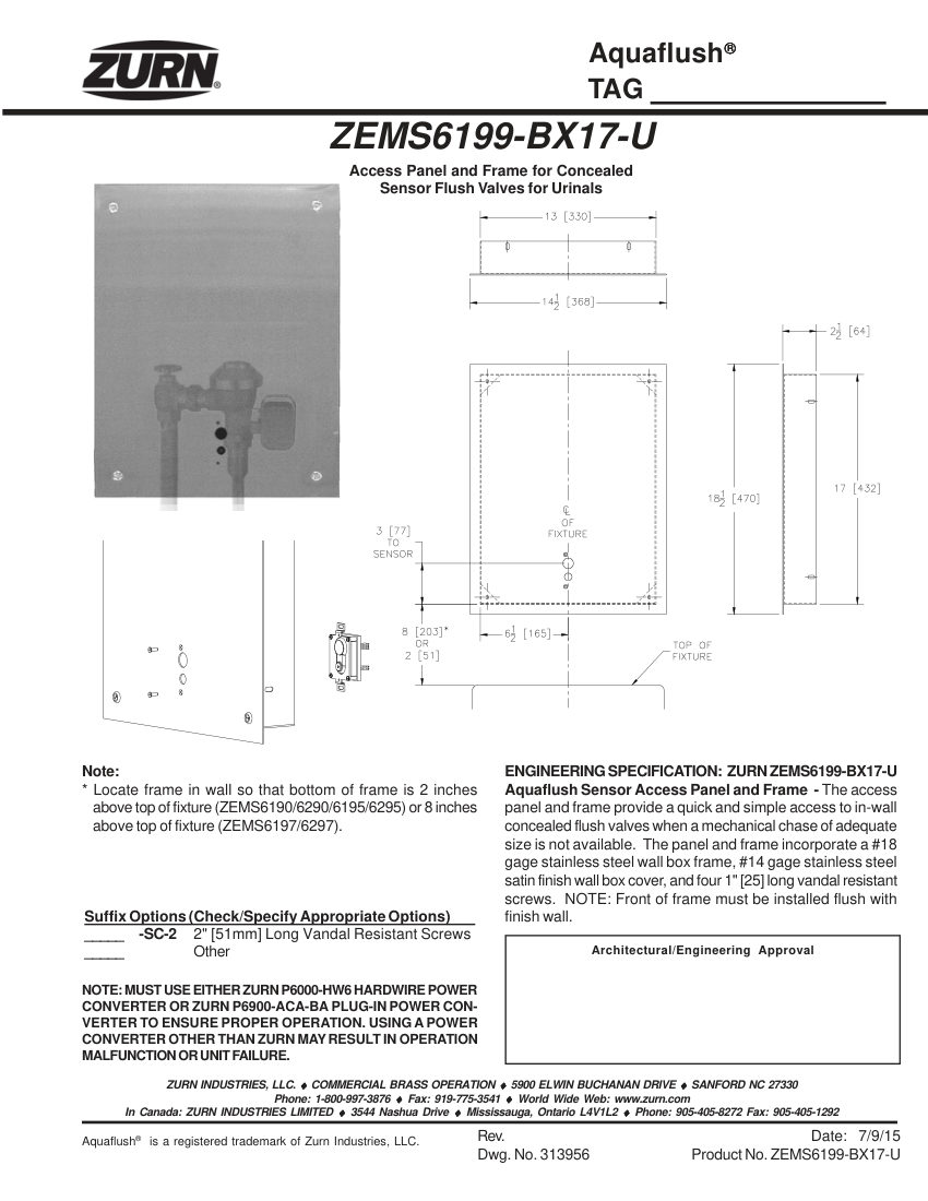 Zurn ZEMS6199-BX17-U cut sheet — first page