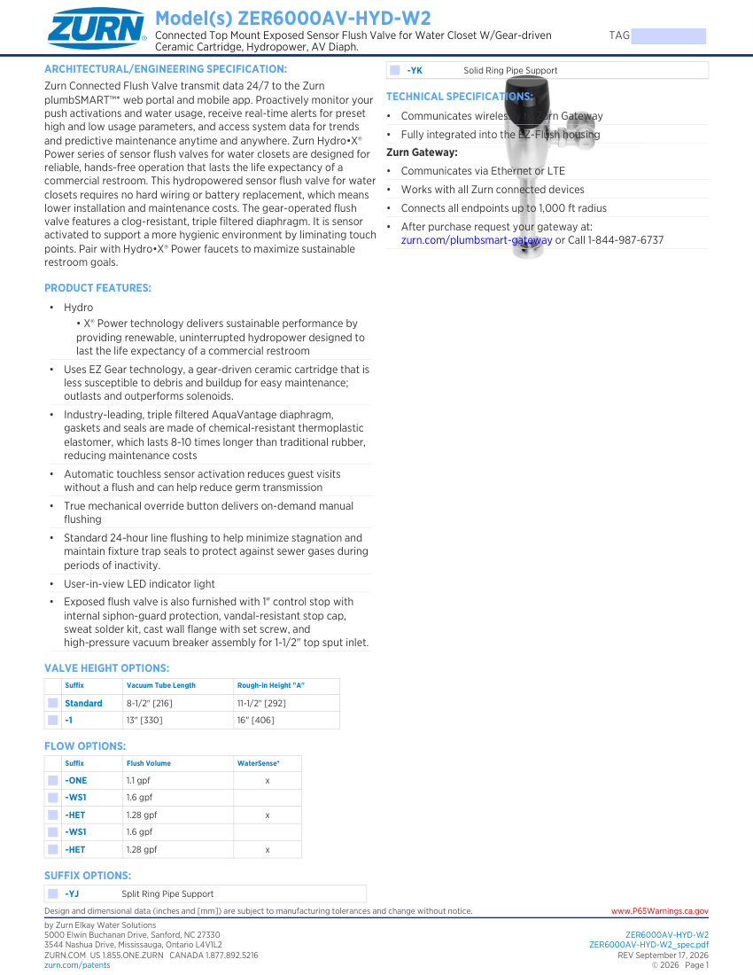 Zurn ZER6000AV-HYD-W2 cut sheet — first page