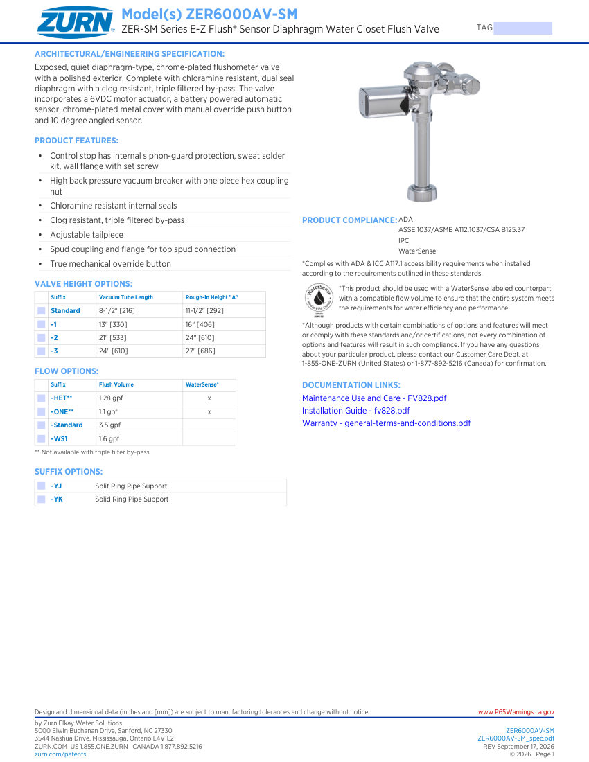Zurn ZER6000AV-SM cut sheet — first page