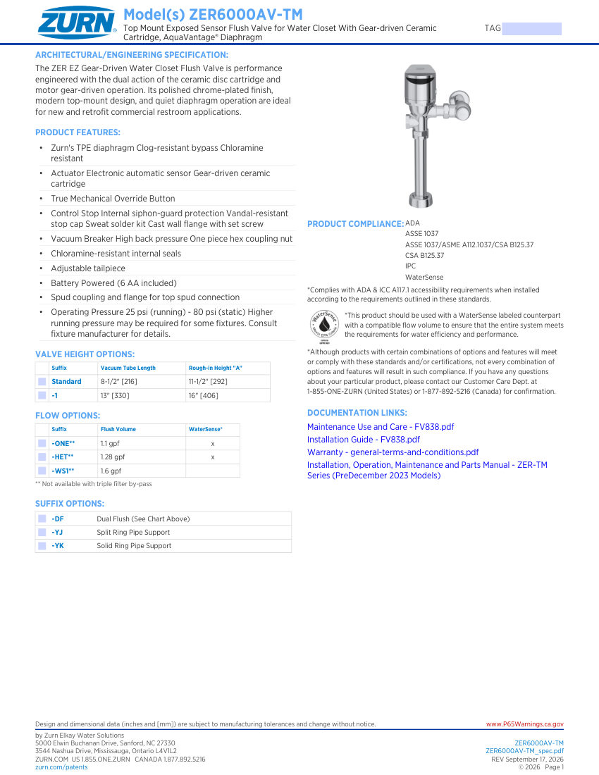 Zurn ZER6000AV-TM cut sheet — first page