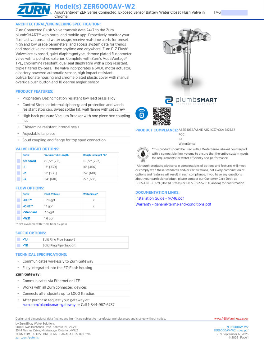 Zurn ZER6000AV-W2 cut sheet — first page