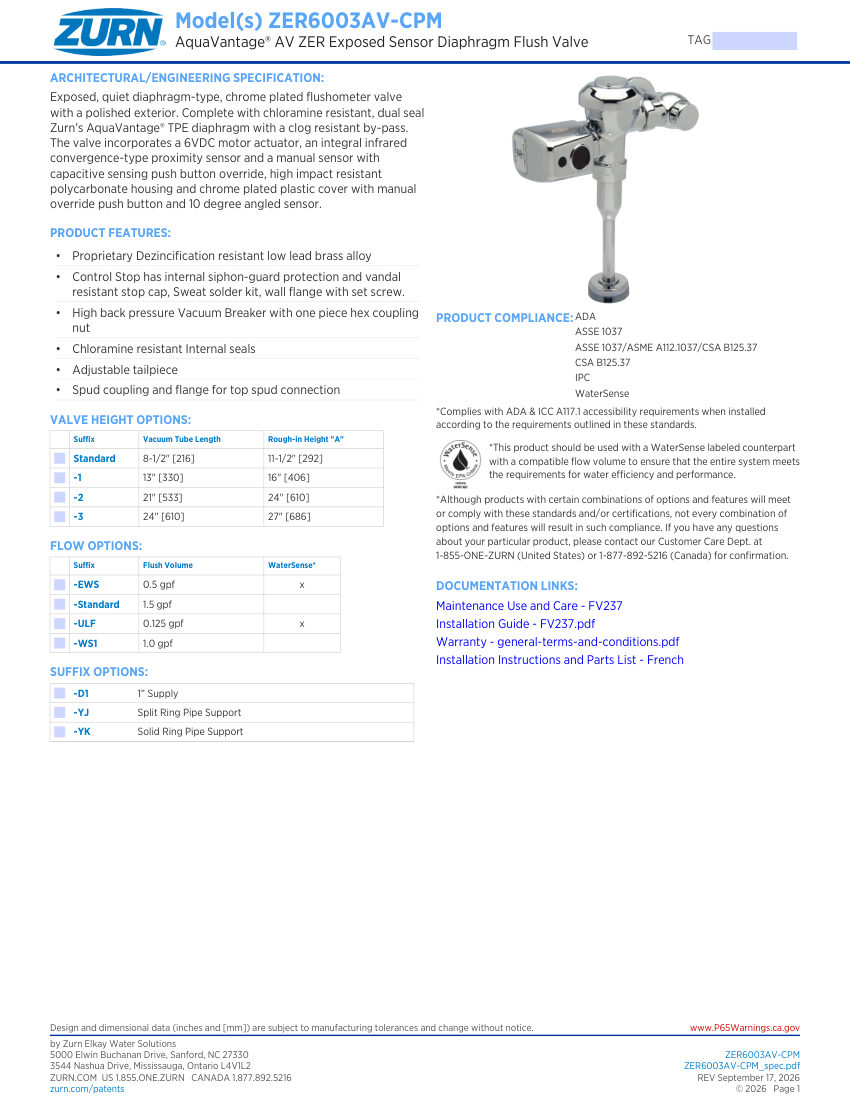 Zurn ZER6003AV-CPM cut sheet — first page