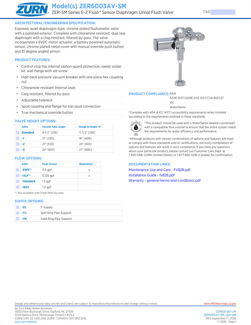 Zurn ZER6003AV-SM cut sheet — first page