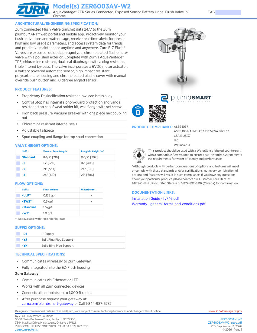 Zurn ZER6003AV-W2 cut sheet — first page