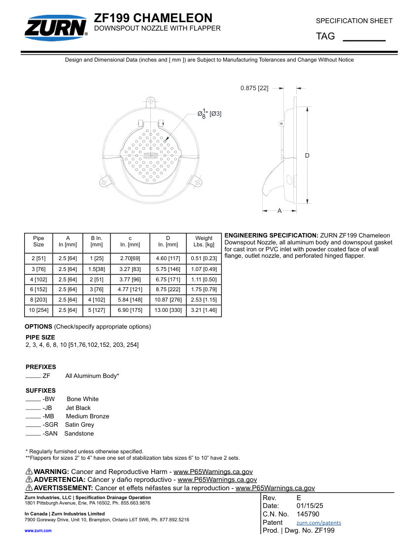 Zurn ZF199 cut sheet — first page
