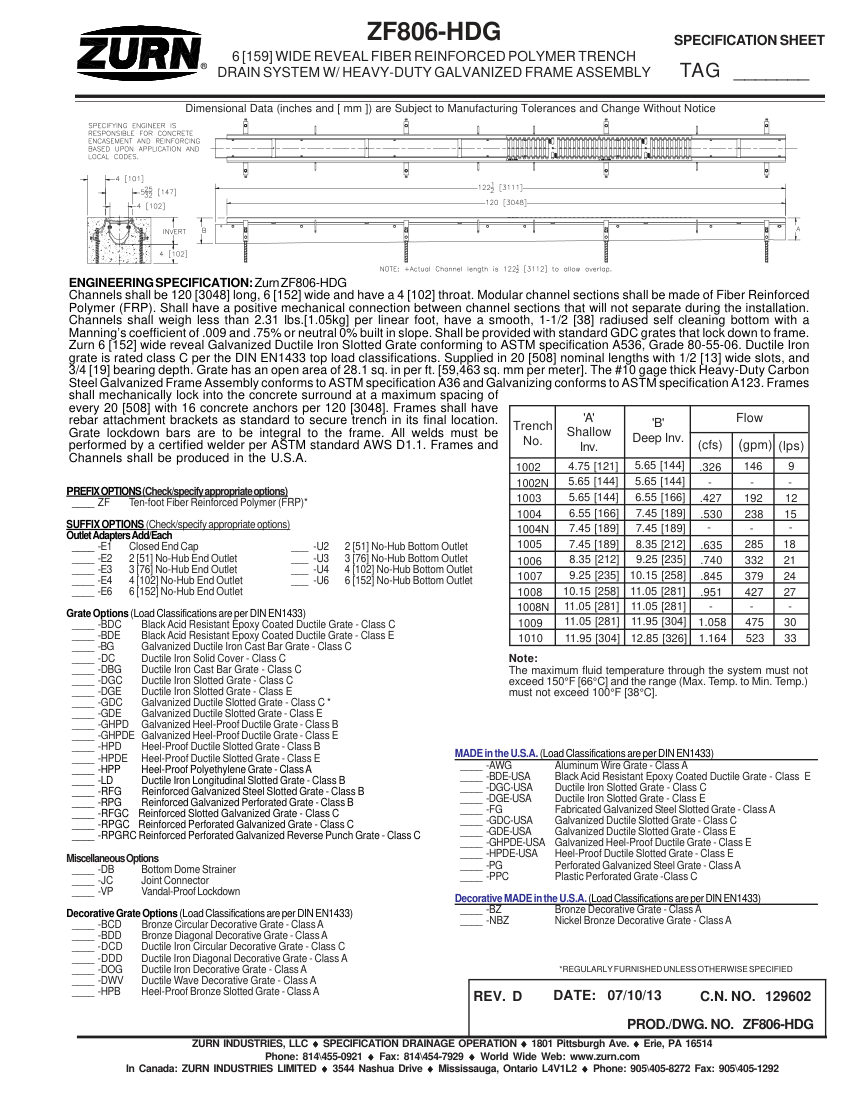 Zurn ZF806-HDG cut sheet — first page