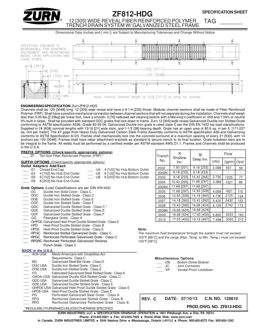 Zurn ZF812-HDG cut sheet — first page