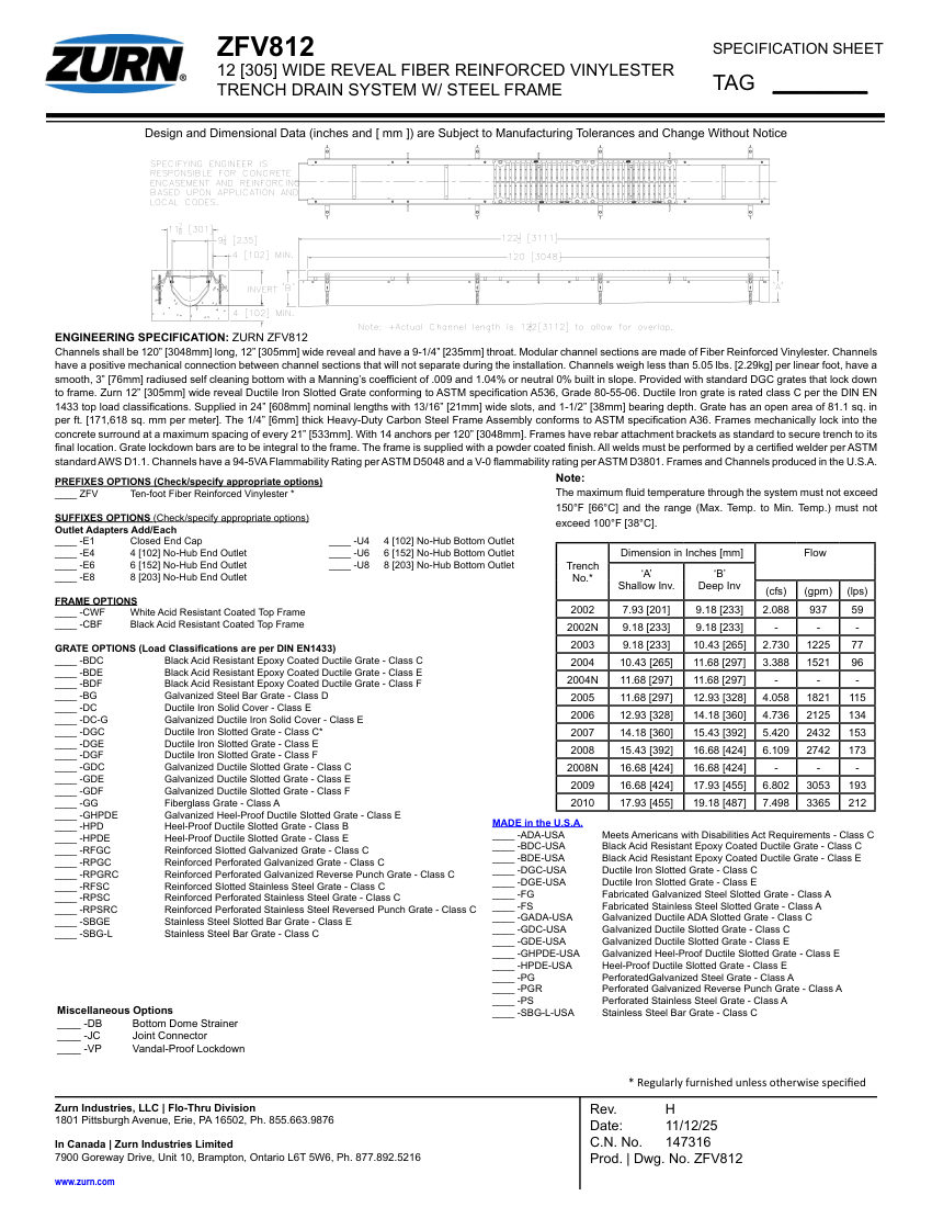 Zurn ZFV812 cut sheet — first page