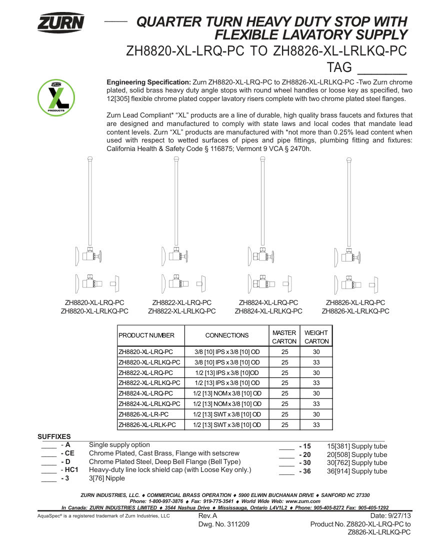 Zurn ZH8820-XL-LR-Q-PC-ZH8824-XL-LRLK-Q-PC cut sheet — first page